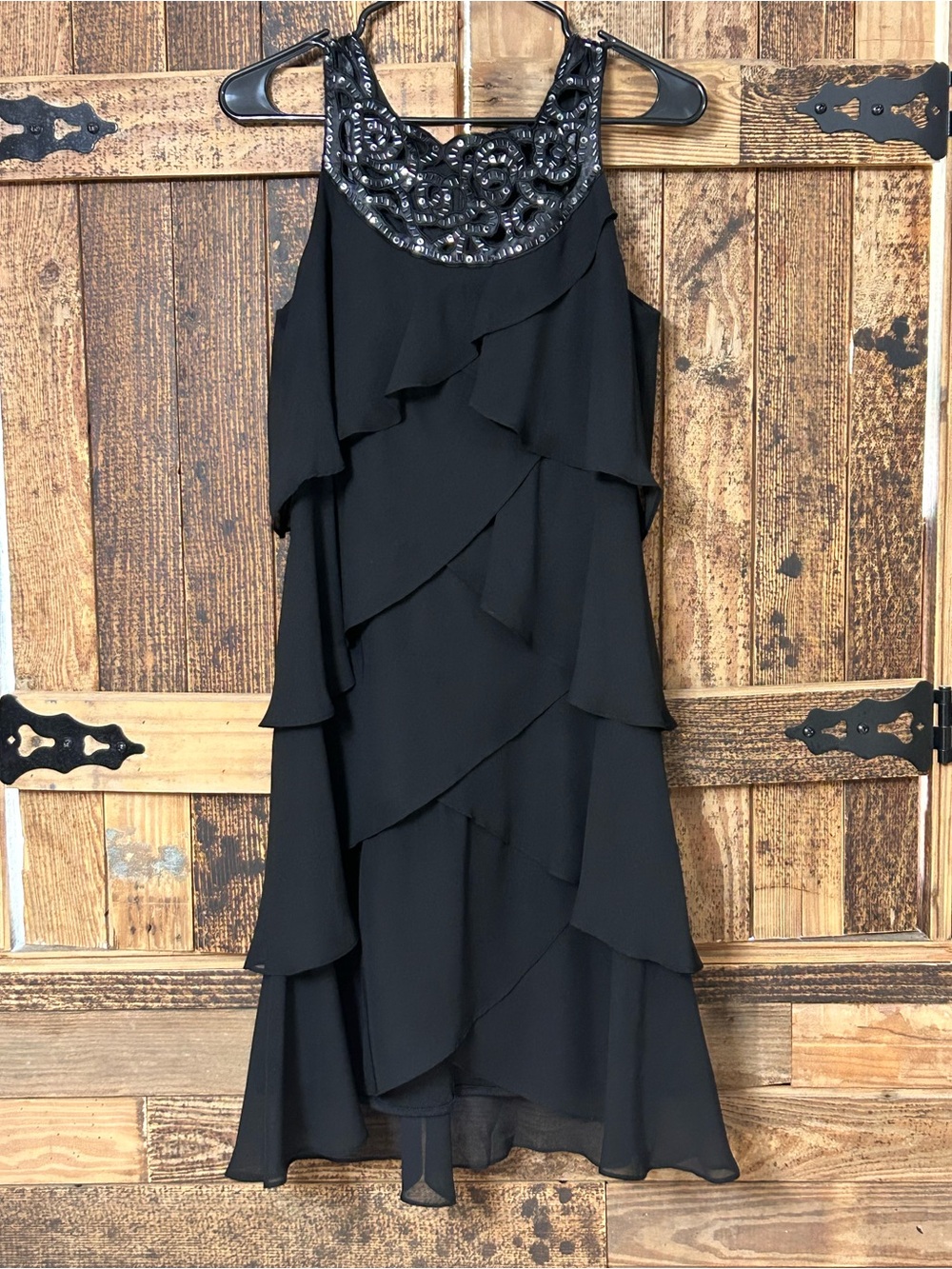 S.L. Fashions Black Beaded High-Low Cocktail Dress